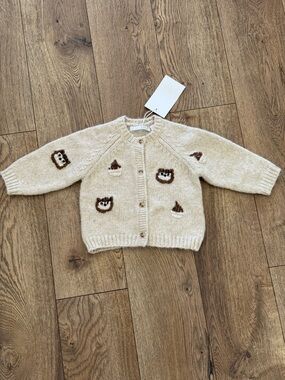 NEW Zara Cream Baby Knit Button Up Sweater with Brown Owl